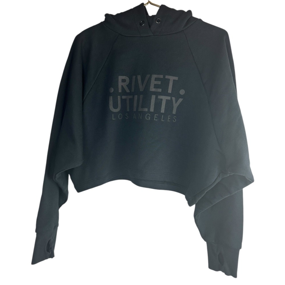 Rivet Utility Deven Cropped Hoodie Black Crop Sweatshirt Small Oversized Logo - Picture 8 of 8